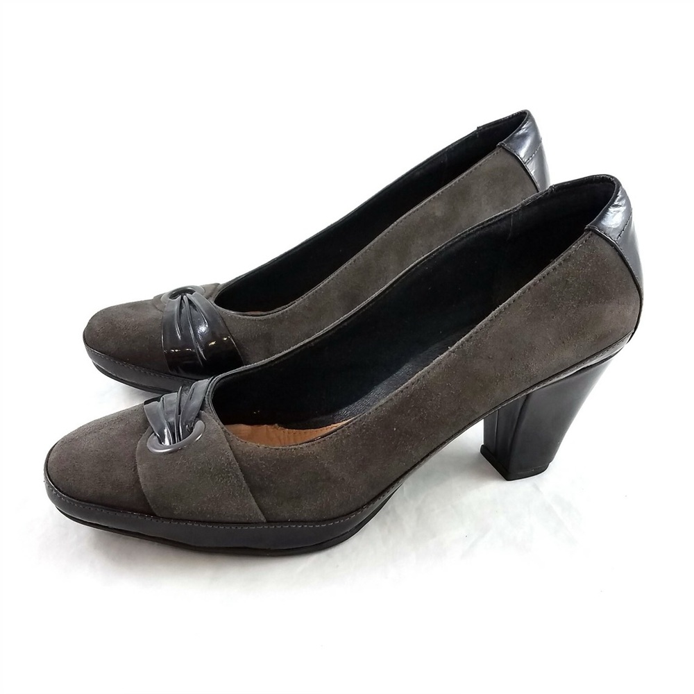 Clarks Shoes Artisan Diamond Sadler Pumps Heels Pewter Suede Leather 32418 8.5N